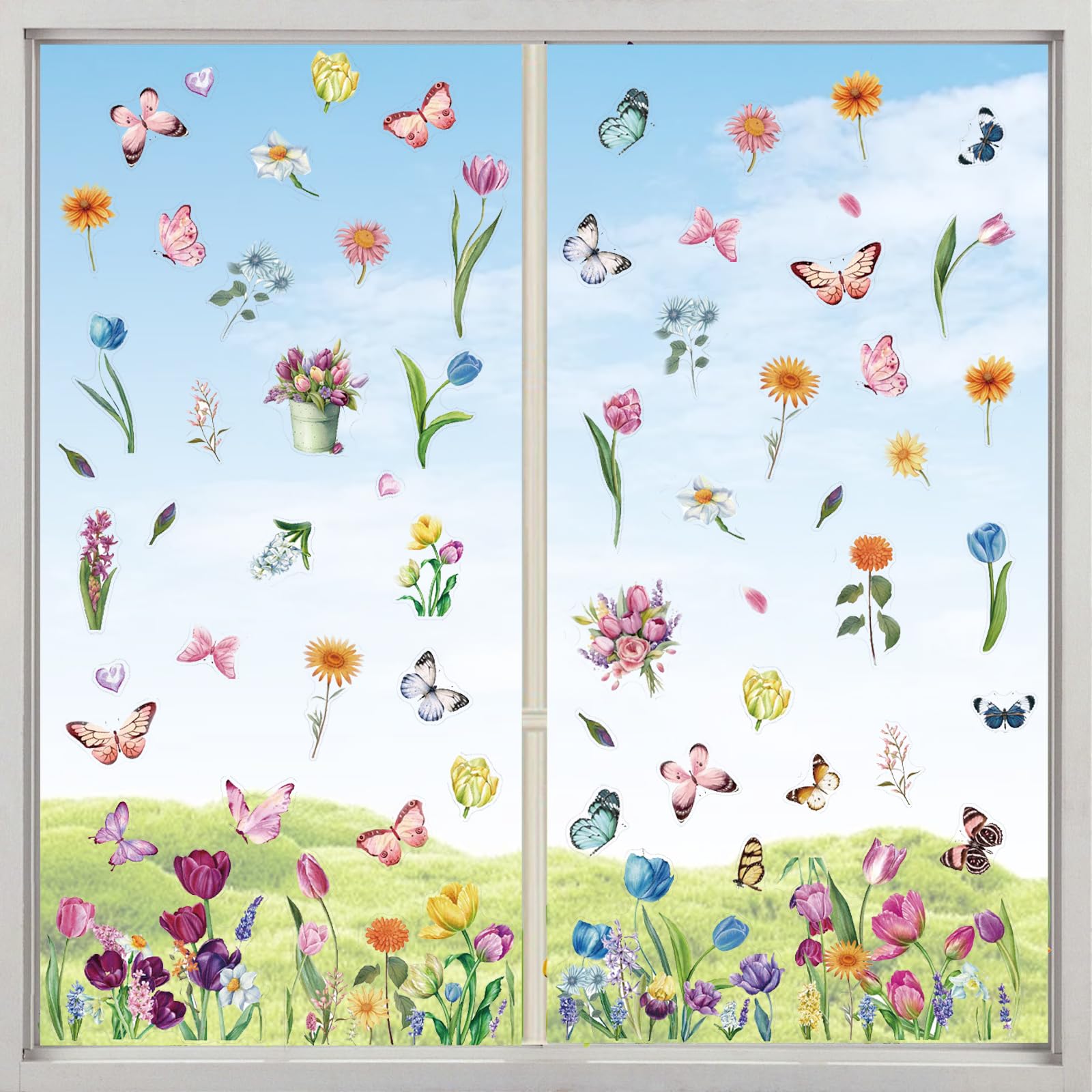 9 Autocollants Fenêtre Double Face – Motifs Fleurs Et Papillons De Printemps – PVC Transparent 20x30 Cm – Réutilisables – Pour Décoration Salon, Chambre