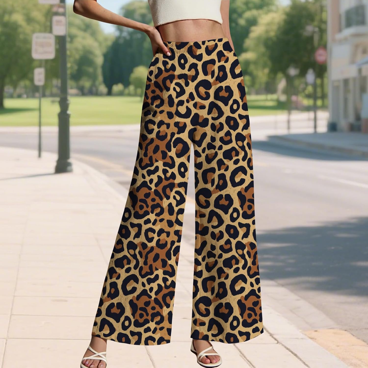 LIZALIG Women's Leopard Print Pants High Waist Wide Leg Trousers with Elastic Waistband Casual Loose Fit Pockets - Image 2