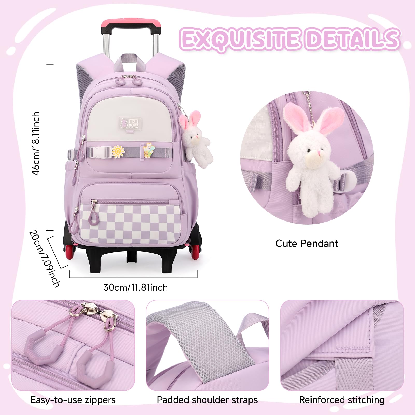 Amythe Mochila Escolar con 6 Ruedas para Niñas con Colgante, Morado | Mochilas con Carro para Chicas de Primaria y Secundaria, Mochila Colegio con Ruedas para Adolescentes, Vuelta al cole