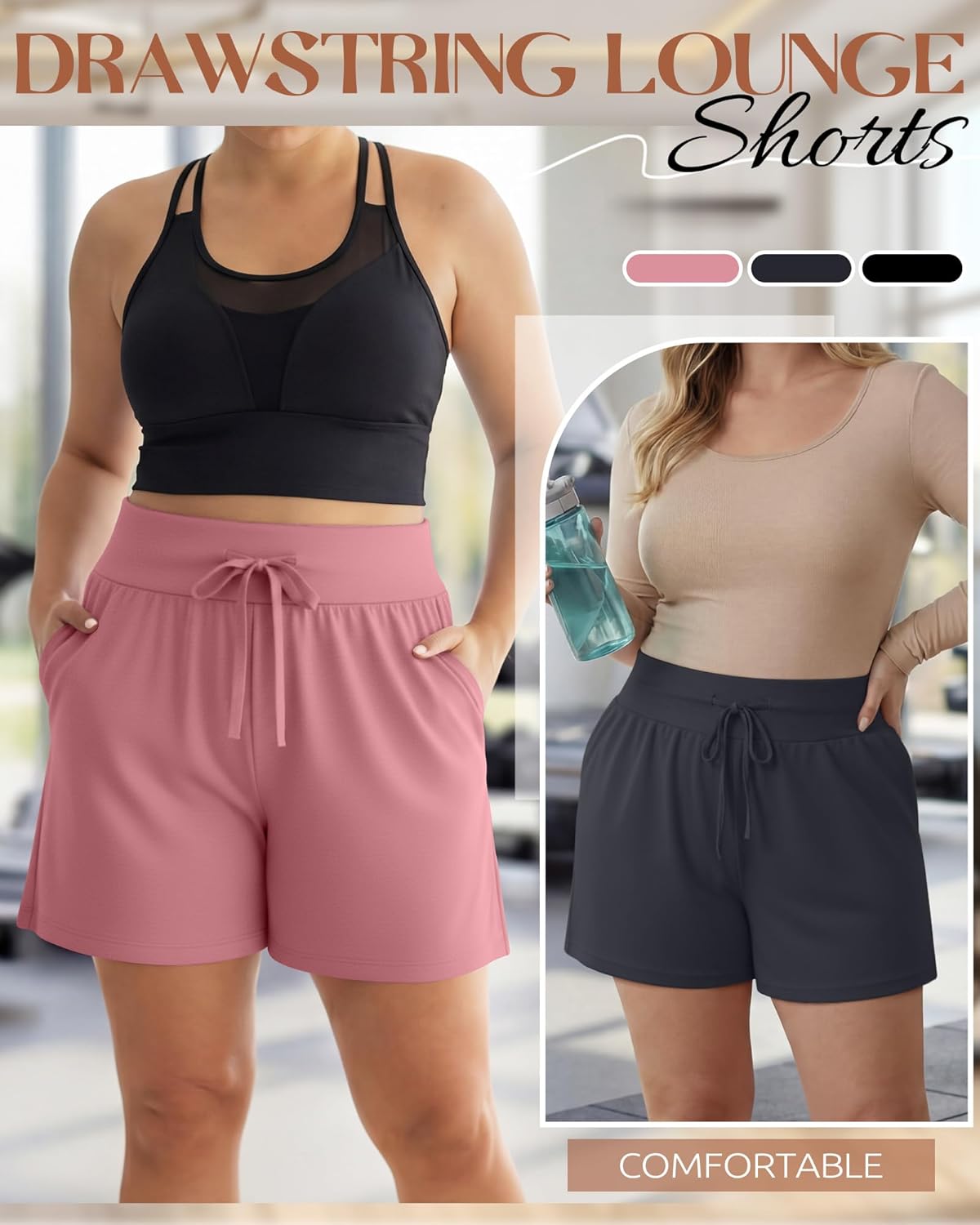 Neer 3 Pack Women's Plus Size Sweat Shorts, Drawstring Lounge Shorts Casual Summer Lightweight Soft Shorts with Pockets - Image 5