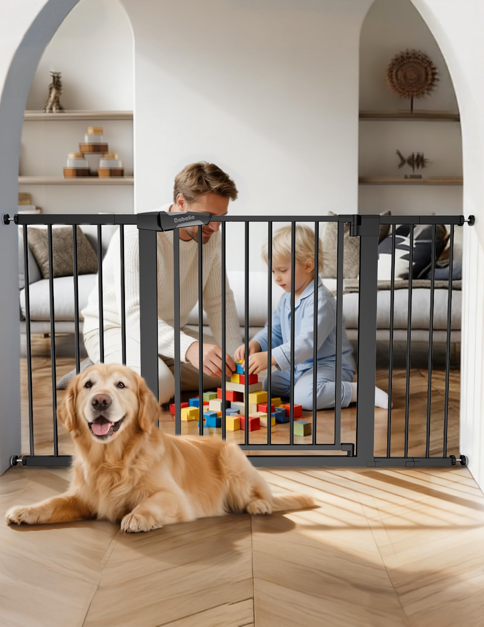 Babelio Extra Wide Baby/Dog Gate PressGuard P7, 29-55" Auto Close for The House and Doorway, Safety Pressure Mounted Pet Door, NO Need Tools and
