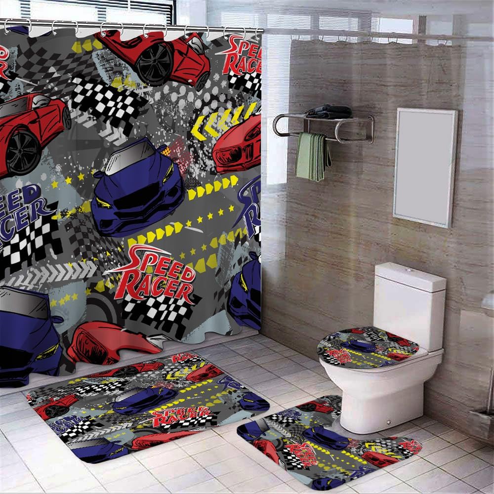 Amazon.com: Generic 4 Pcs Blue Red Speed Race Car Theme Shower Curtain ...