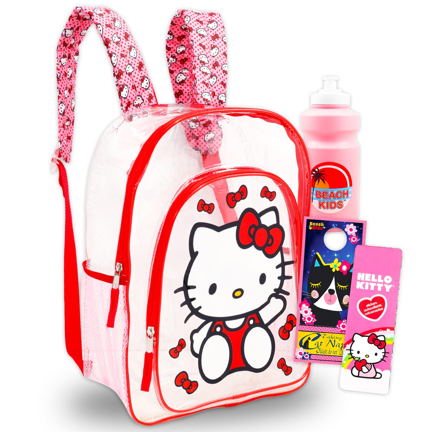Hello Kitty Backpack - Bundle with 16 Inch Clear Backpack for Girls Plus Water Bottle, Stickers, More | Transparent Bag for Kids School Supplies