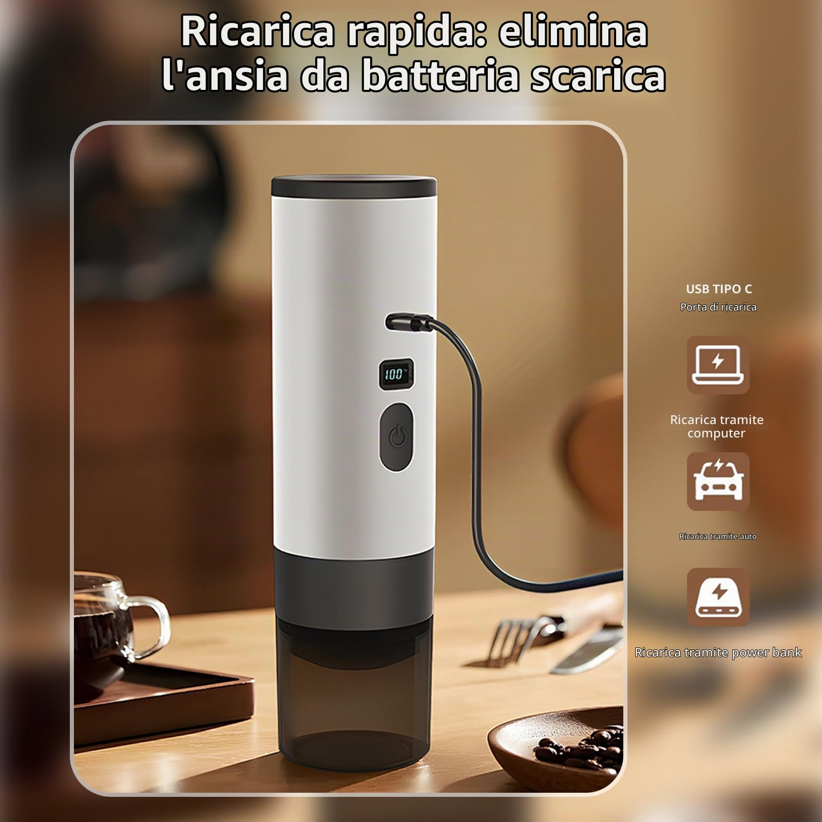 Macchina per caffè espresso elettrica portatile, Macchina per il caffè 3 in 1 senza fili con riscaldamento automatico e display digitale, per viaggi, campeggio e auto