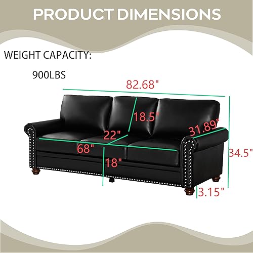 Miniatura 2 de Sofá moderno de 3 plazas de piel sintética de mediados de siglo con almacenamiento y brazos enrollados, acento de ribete de clavos, cómodo sofá para