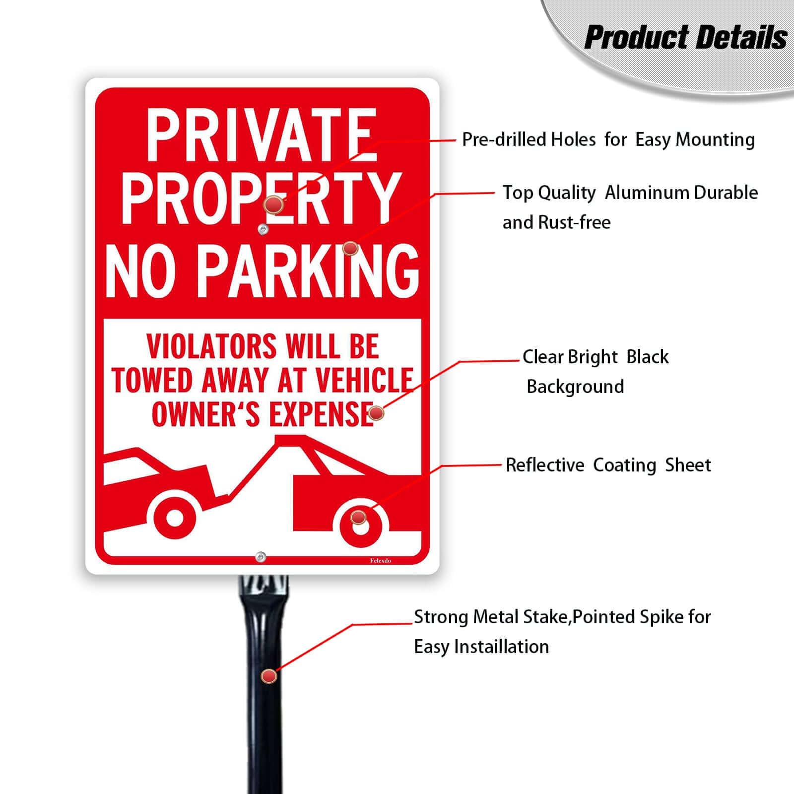 Panneau « No Parking » avec piquet, 25,4 x 35,6 cm, grand panneau de propriété privée avec piquet en métal de 91,4 cm, en aluminium résistant à la rouille pour cour, protégé contre les UV pour
