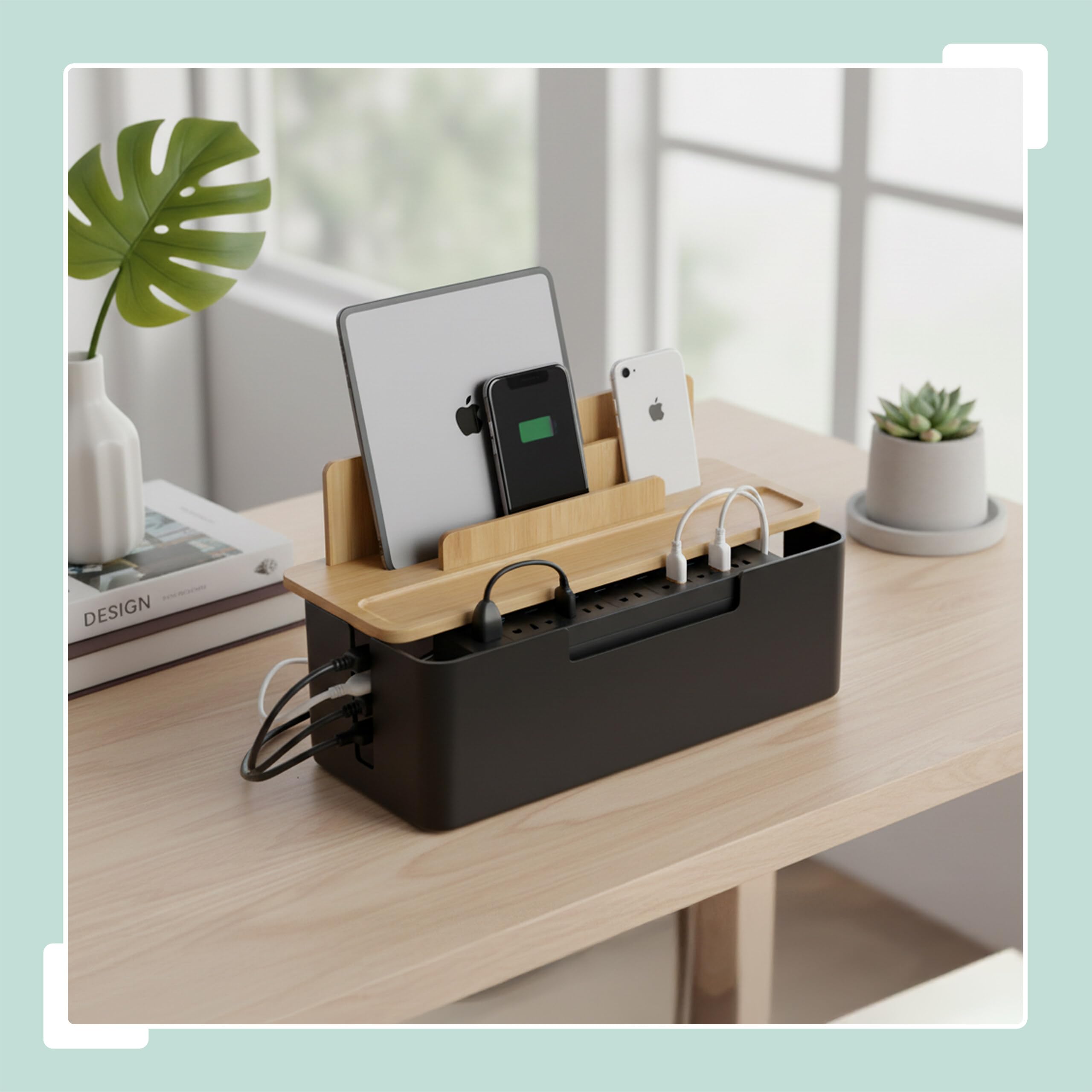 Relaxdays Scatola Porta Cavi in bambù, Supporto Cellulare/Tablet, 6 Prese, Ventilazione, Naturale/Nero 16x30x13 cm
