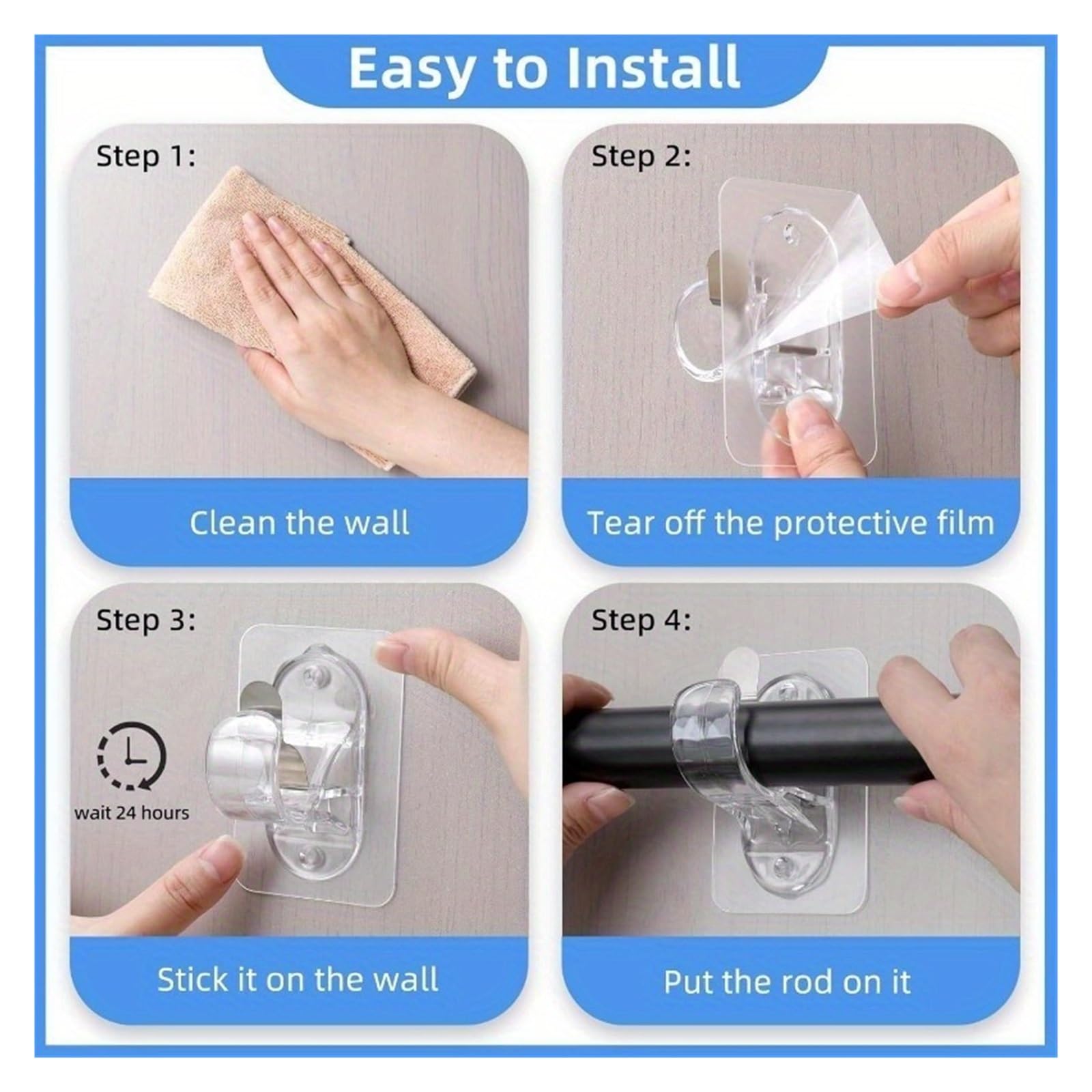Supports de Tringle à Rideau sans perçage, Supports Auto-adhésifs adaptés aux locataires, Crochets Robustes Adapté aux familles(Transparent -12pcs)