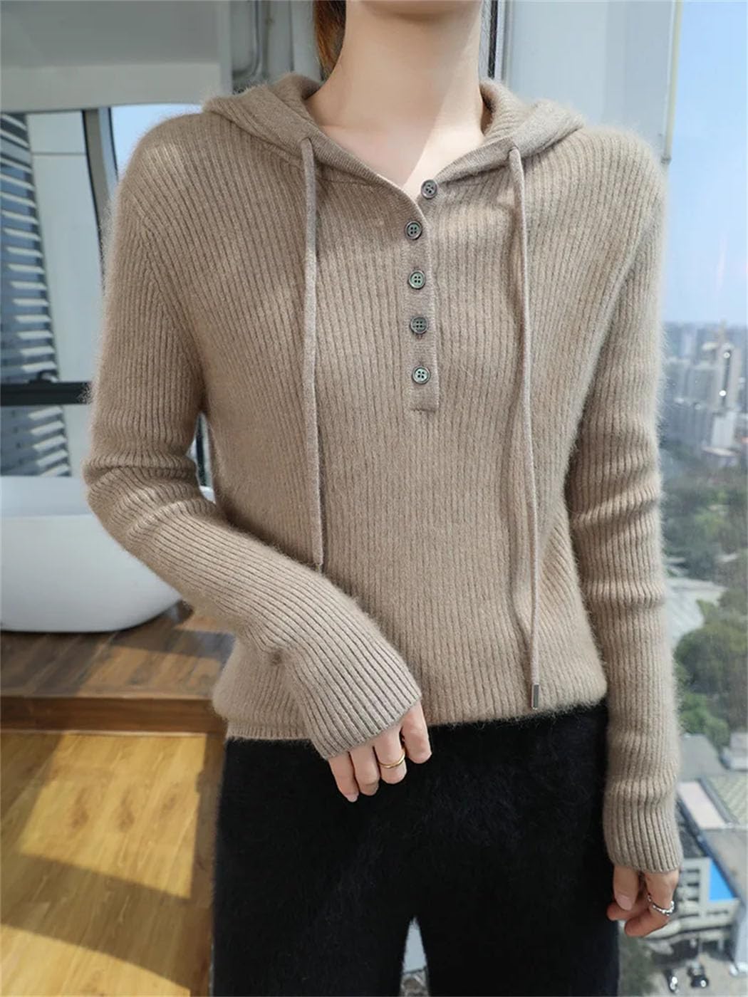 Women's 100% Mink Cashmere Sweater Long Sleeve Buttons Drawstring Hooded Pullover Soft Warm Sweatshirt