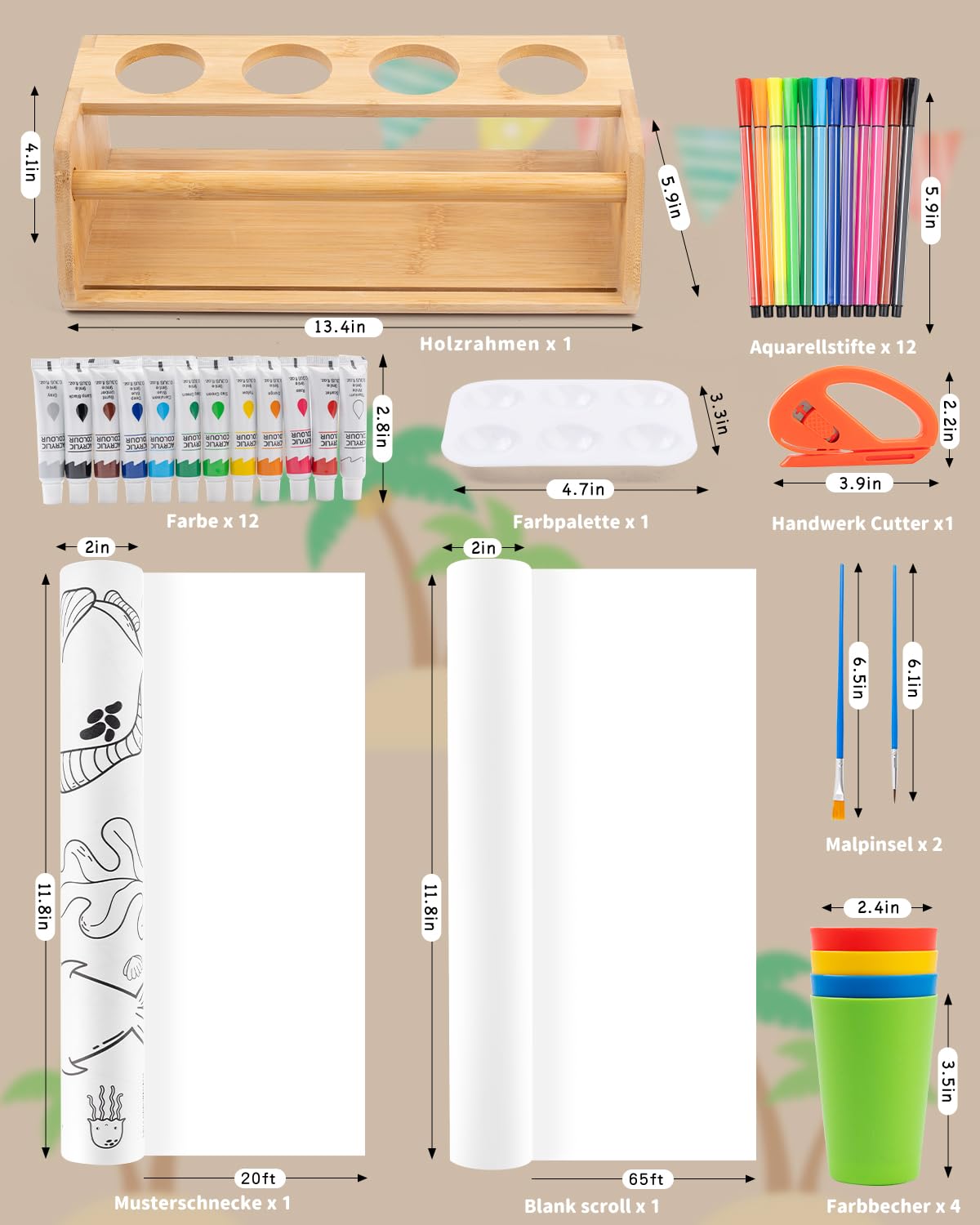 Holz Papierrollenhalter – 35-teiliges Malset mit Malrolle für Kinder, Papierrolle malen Kinder, Farben & Pinseln – Fördert die Selbstständigkeit des Kindes in der Schule und zu Hause