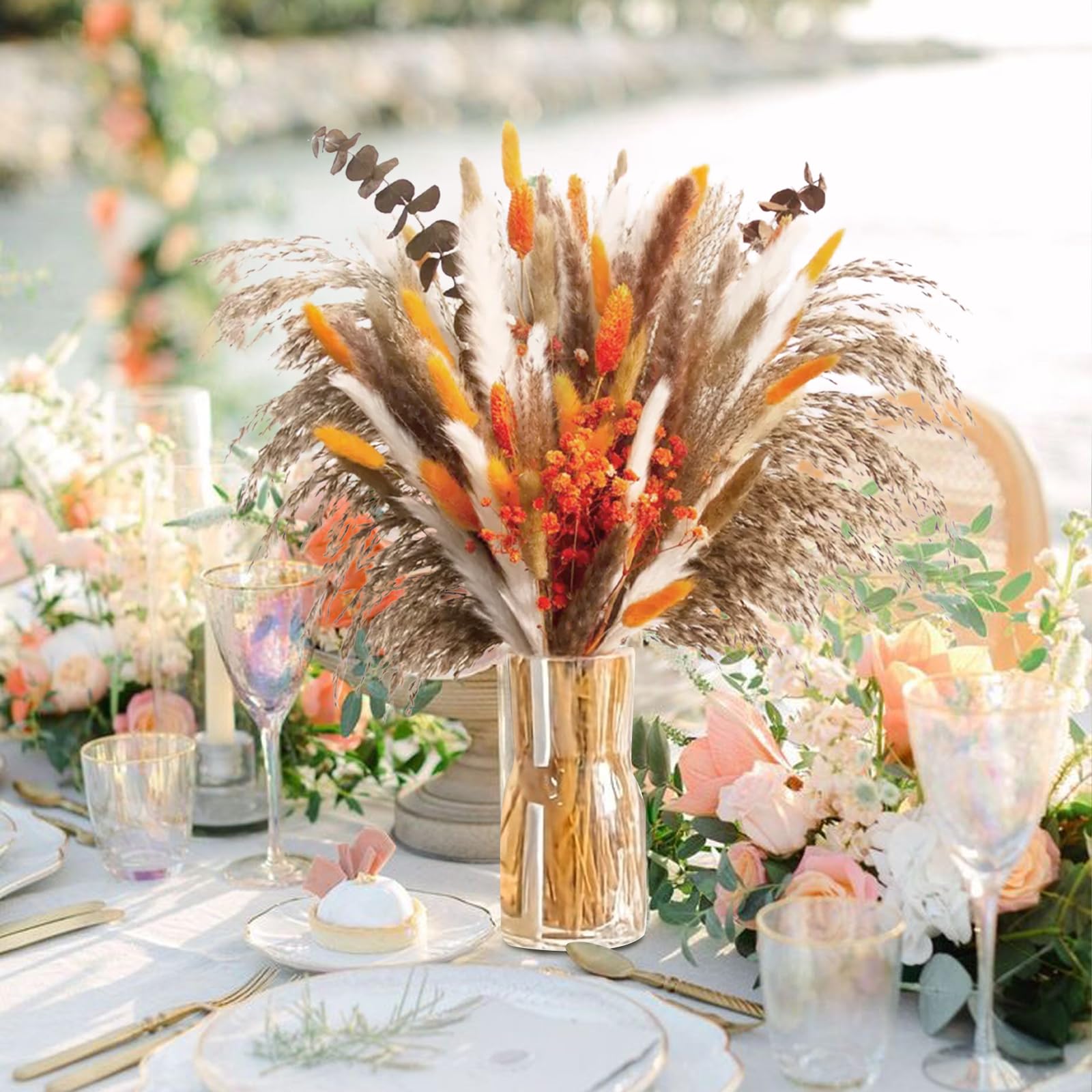 61 Pezzi Pampas Decorativi Naturale, Bouquet Fiori Secchi, Erba Essiccati Eucalipto Pianta per Rustico Boho Tavola Casa Matrimoni Decorazioni Autunnali