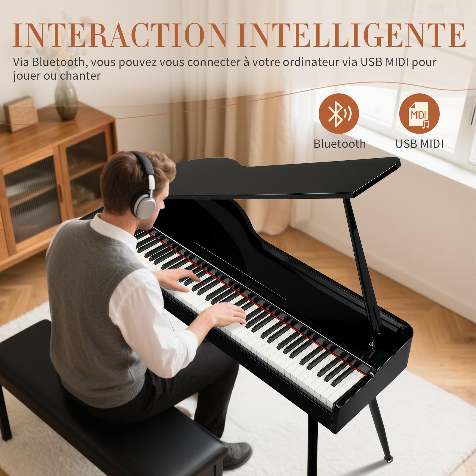 LEADZM Piano Numérique Marteaux 88 Touches, Piano Électrique avec Ressemblant à un Corps de Piano à Queue, avec MIDI-USB, Audio 4 Haut-Parleurs, Système à 3 Pédales, Noir