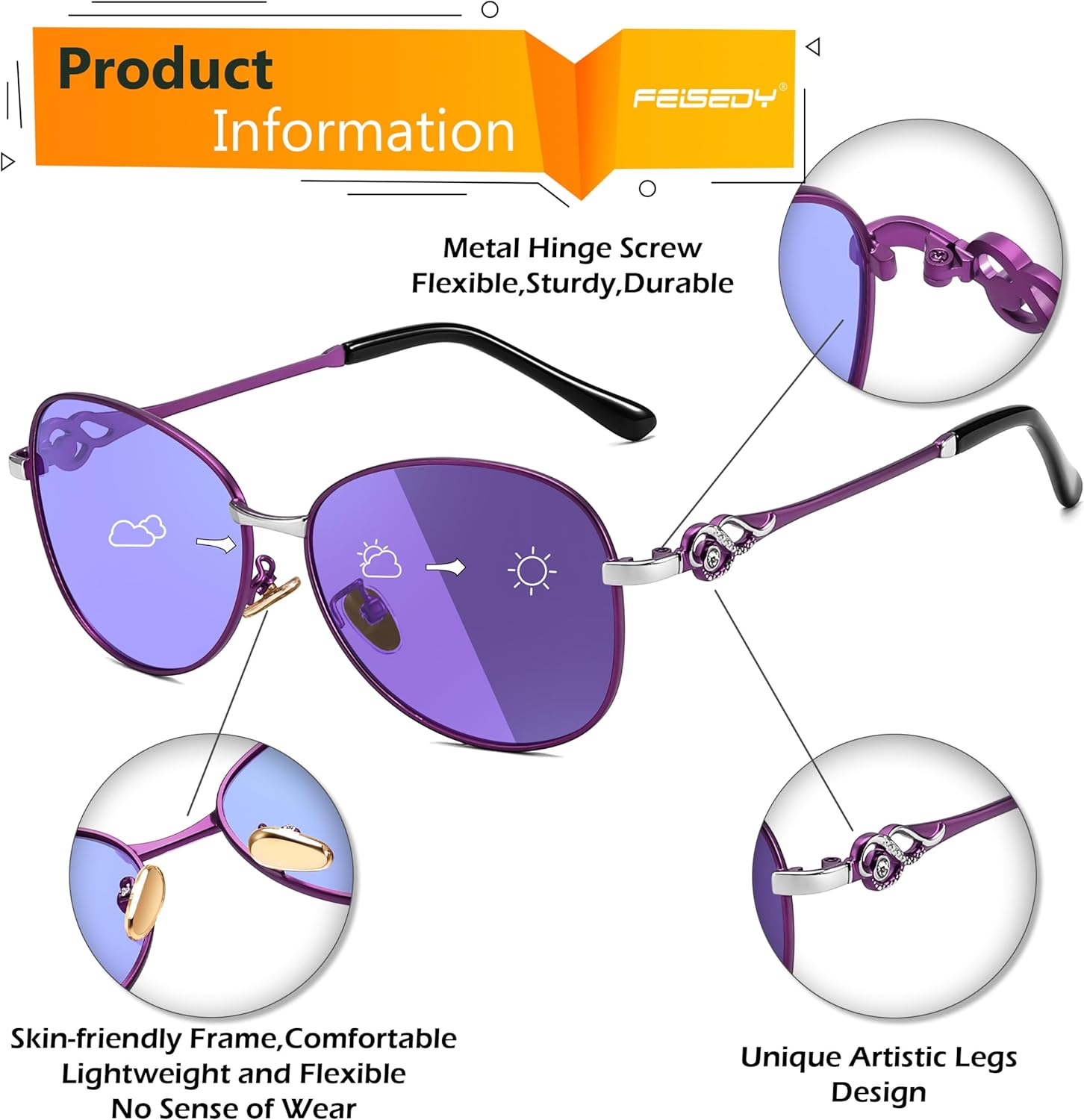 FEISEDY Oval Photochromic Polarized Sunglasses Women Retro Metal Rhinestone Sunglasses Classic UV400 Protection B1119