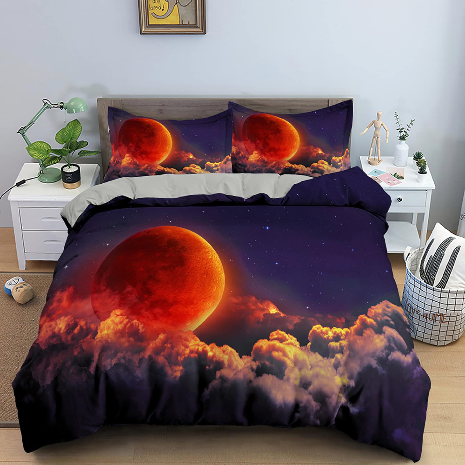 Parure de lit enfant lune bleue housse de couette 90x190 avec taie d'oreiller