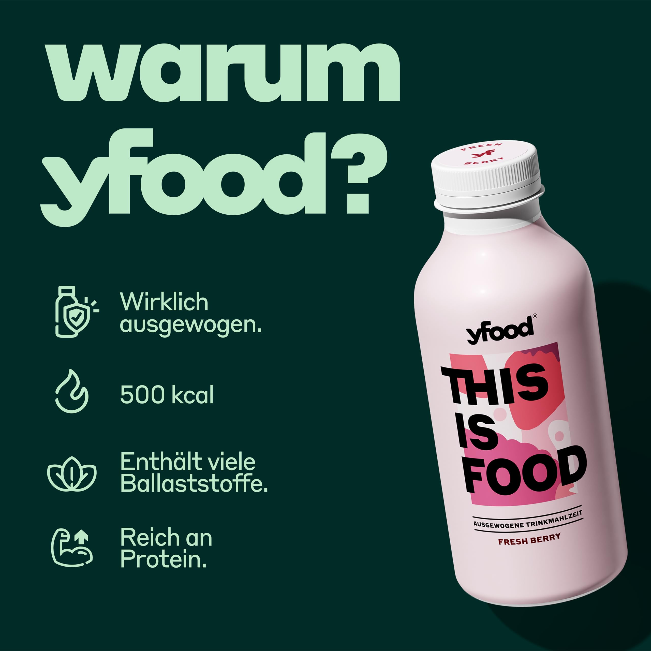 yfood Drink Fresh Berry, Leckere Trinkmahlzeit für unterwegs, THIS IS FOOD Drink, 33g Protein, 26 Vitamine und Mineralstoffe, 6 x 500ml, Geschmack Beere, inkl. 1,50 € Pfand
