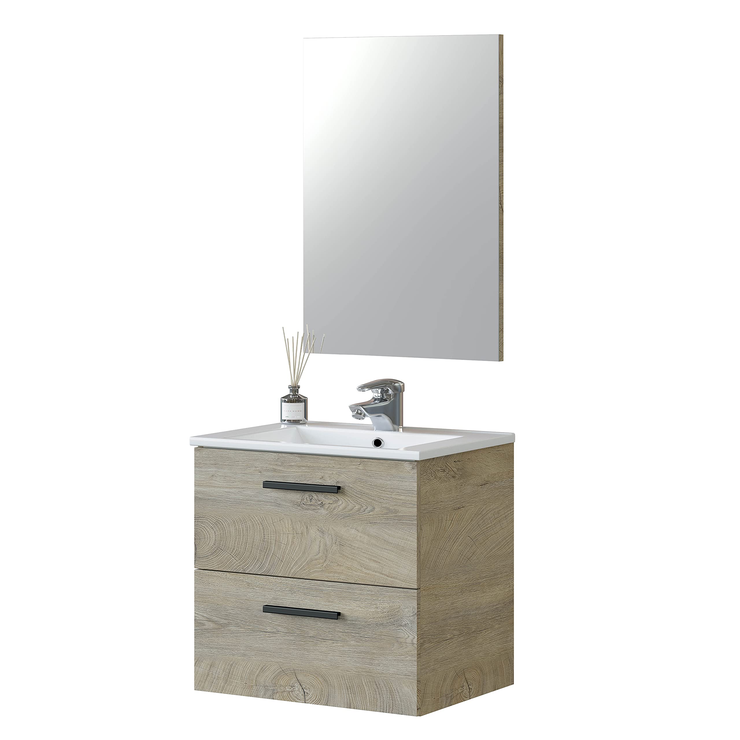 ARKITMOBEL - Mueble de Baño Suspendido 2 Cajones y Espejo, Módulo Lavabo, Color Roble Alaska, 60x57x45 cm - Modelo Aruba. (Lavabo no Incluido)
