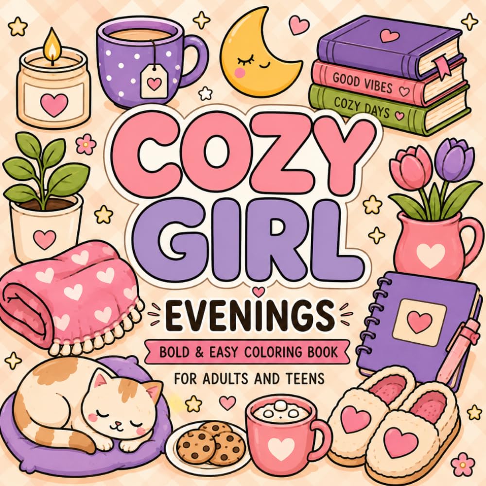 Cozy Girl Evenings: Bold & Easy Coloring Book for Adults and Teens | Cute Hygge Scenes, Thick Lines & Stress-Free Relaxation