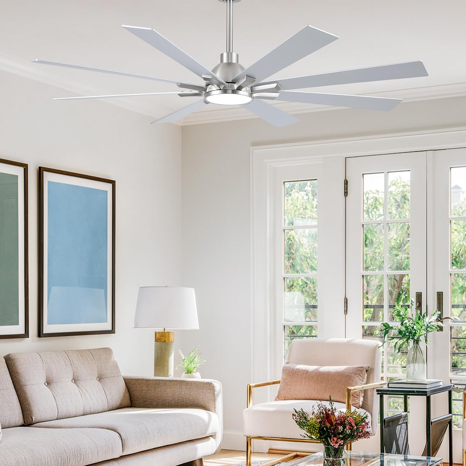 62 Inch Ceiling Fans with Lights and Remote, Nickel Large Ceiling Fan for Bedroom Living Room Indoor/Outdoor, 6 Speed Reversible DC Motor, 3CCT, Downrod, Dual Color 8 Blades, ETL Listed