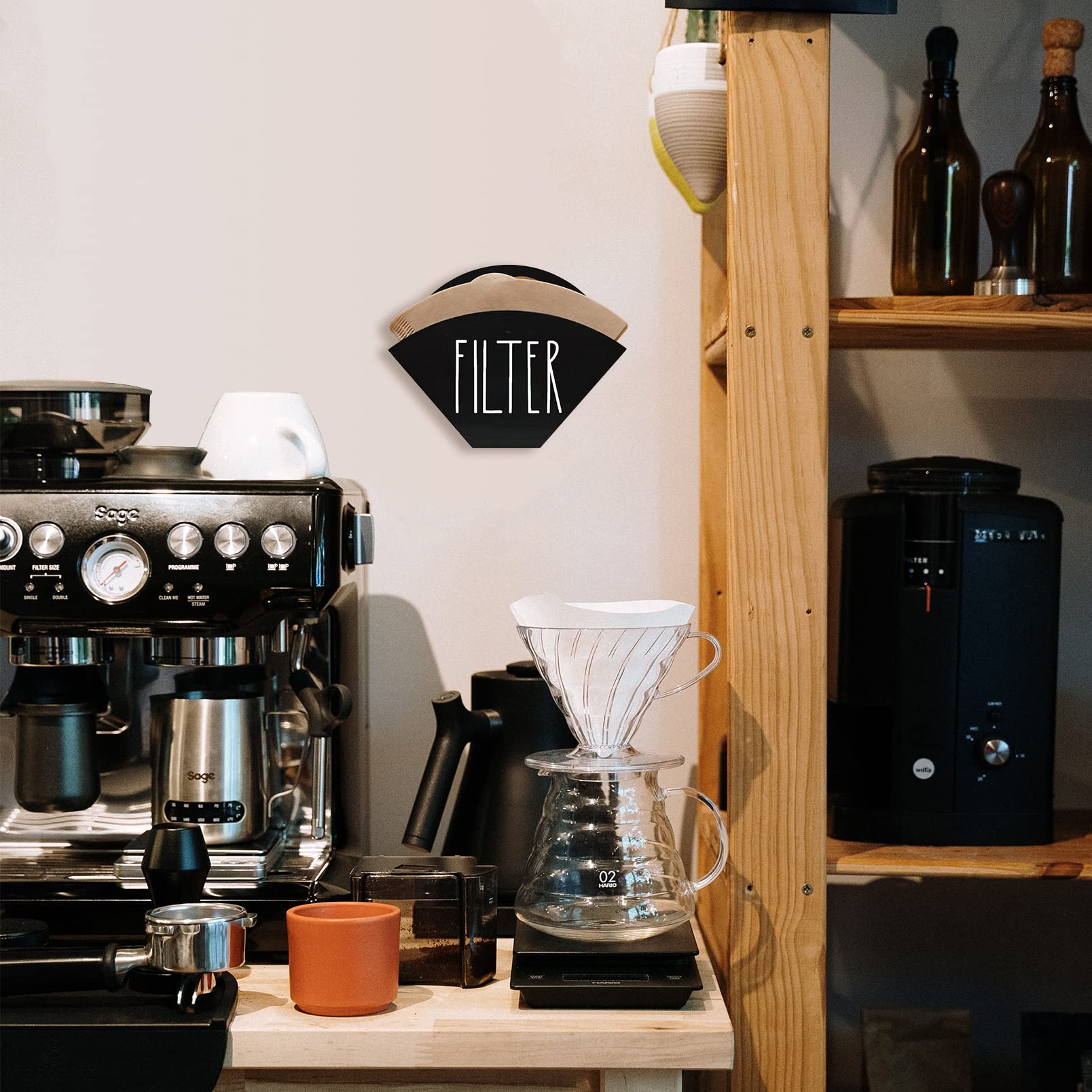 Farmhouse Wood Coffee Filter Holder - Wall Mounted Cone Filter Dispenser for Coffee Bar Decor (Black)