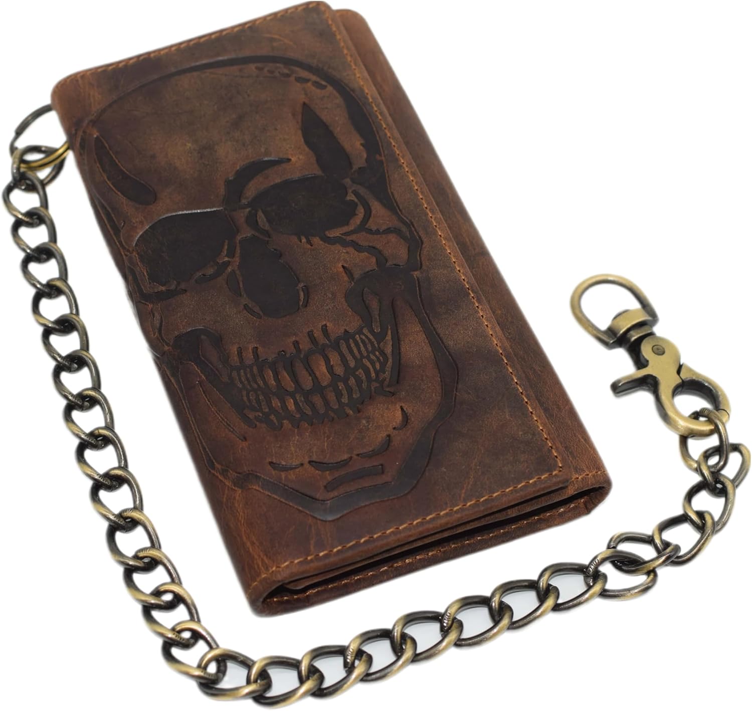 CAZORO Biker Skull Chain Wallet RFID Signal Blocking Men's Vintage Leather Long Tri-fold Chain Checkbook Card ID Wallet (Skull Brown) - Image 8