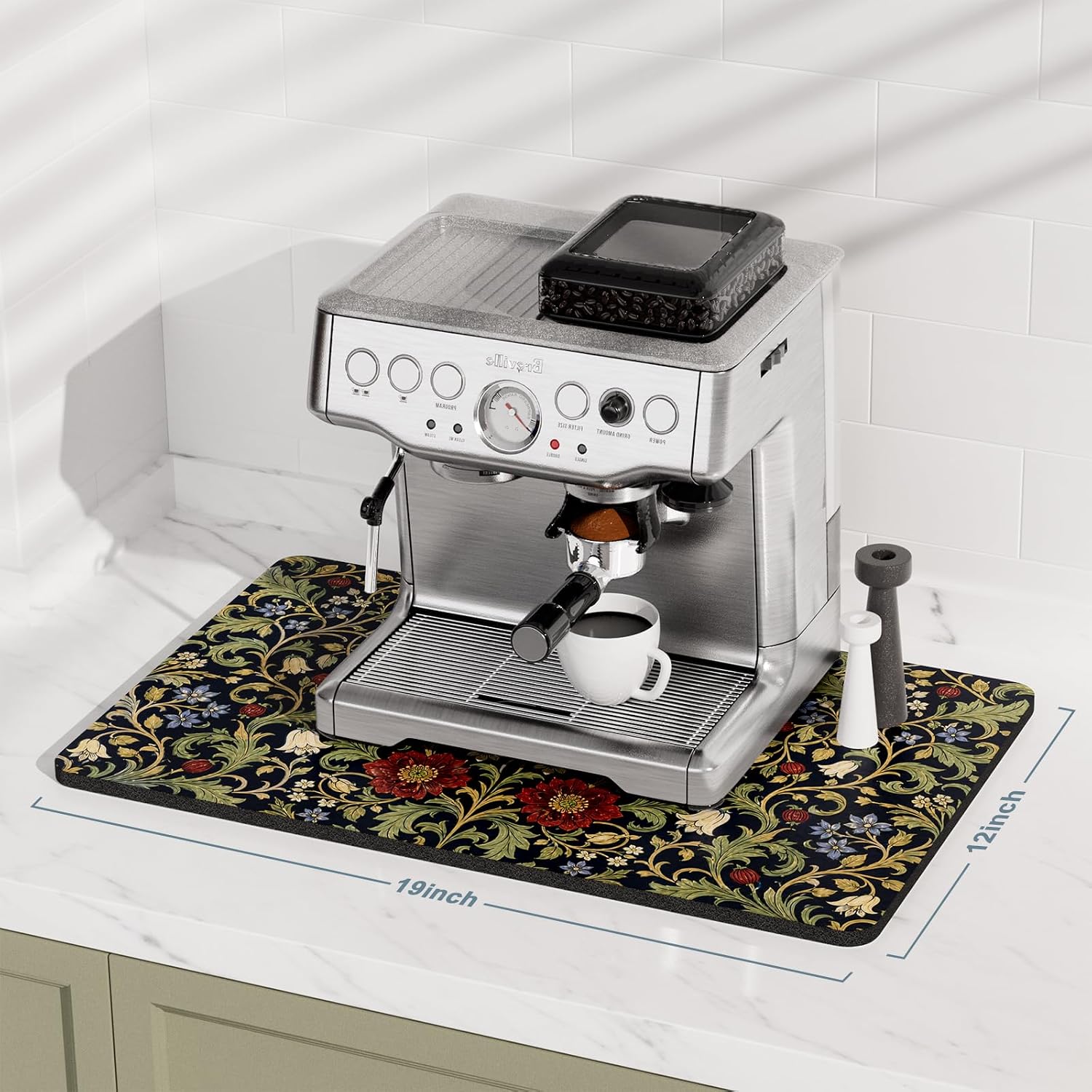 Rnivvi Coffee Mat, 12" x 19" Coffee Bar Mats for Espresso Machine Station Accessories and Organizer, Hide Stain Rubber Backed Absorbent Dish Drying Pad for Kitchen Counter, Vintage Garden Floral image 2