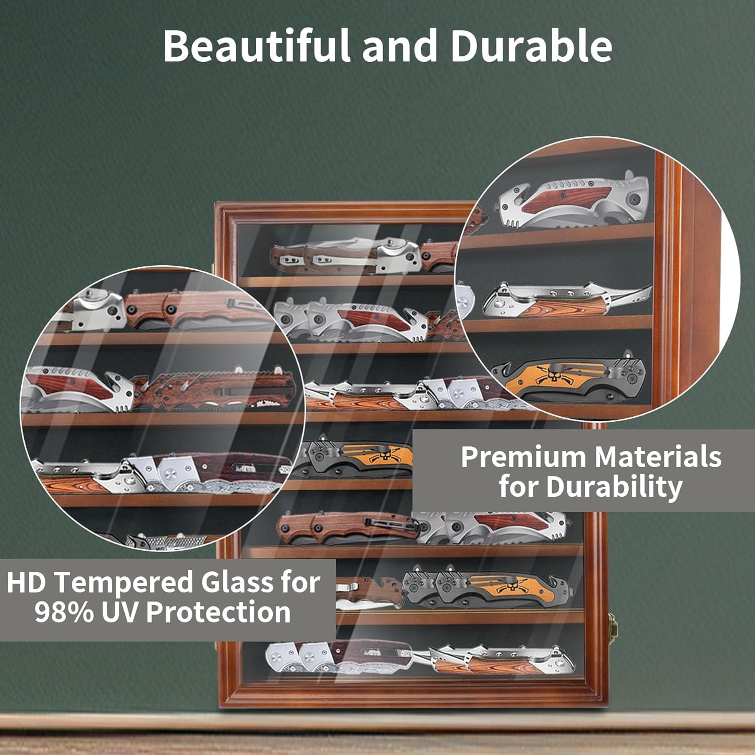 Knife Display Case for Collections, Pocket Knife Display Case with HD Tempered Glass, Lockable Storage Cases with Removable Shelves, Wall-Mounted 7-Layer Wood Cabinet, Walnut