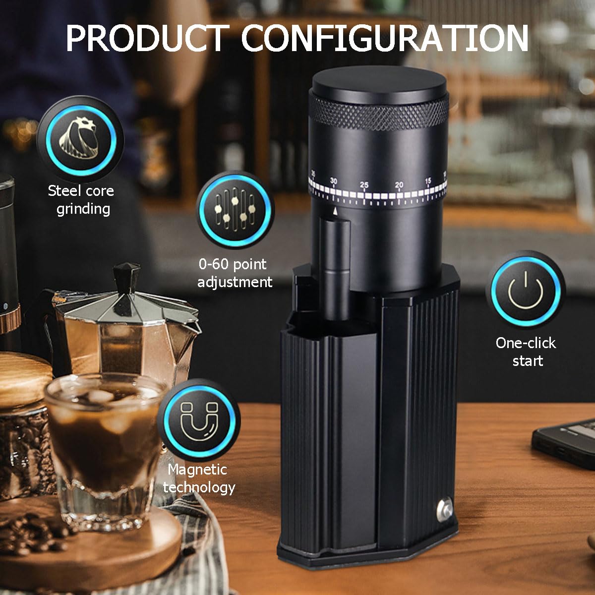 Molinillo de café eléctrico, molinillo de granos de café, ajuste de 0 a 60 puntos, con diseño magnético, cuerpo desmontable, arranque inteligente con un solo botón, para espresso/goteo/vertido/prensa