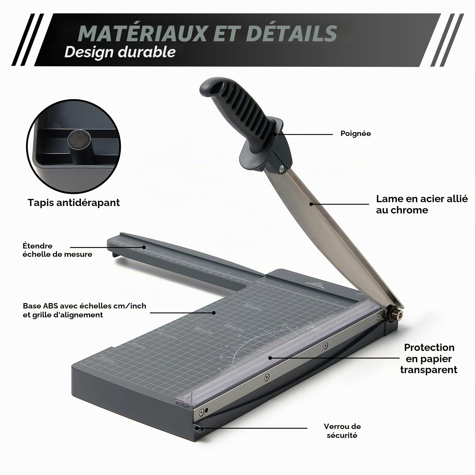 Massicot A4 Outil de Scrapbooking avec Protection de Sécurité et Verrouillage de la Lame Couper Papier et Photo，Coupe Papier à Guillotine Peut Couper jusqu'à 10 Feuilles（Gris foncé）
