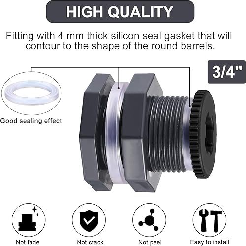 Miniatura 3 de Outus 2 Pieces PVC Bulkhead Fitting with Plugs for Rain Barrels, Aquariums, Water Tanks, Tubs, Pools (3/4 Inch+4 mm Thick Silicon Seal Gaskett,Dark