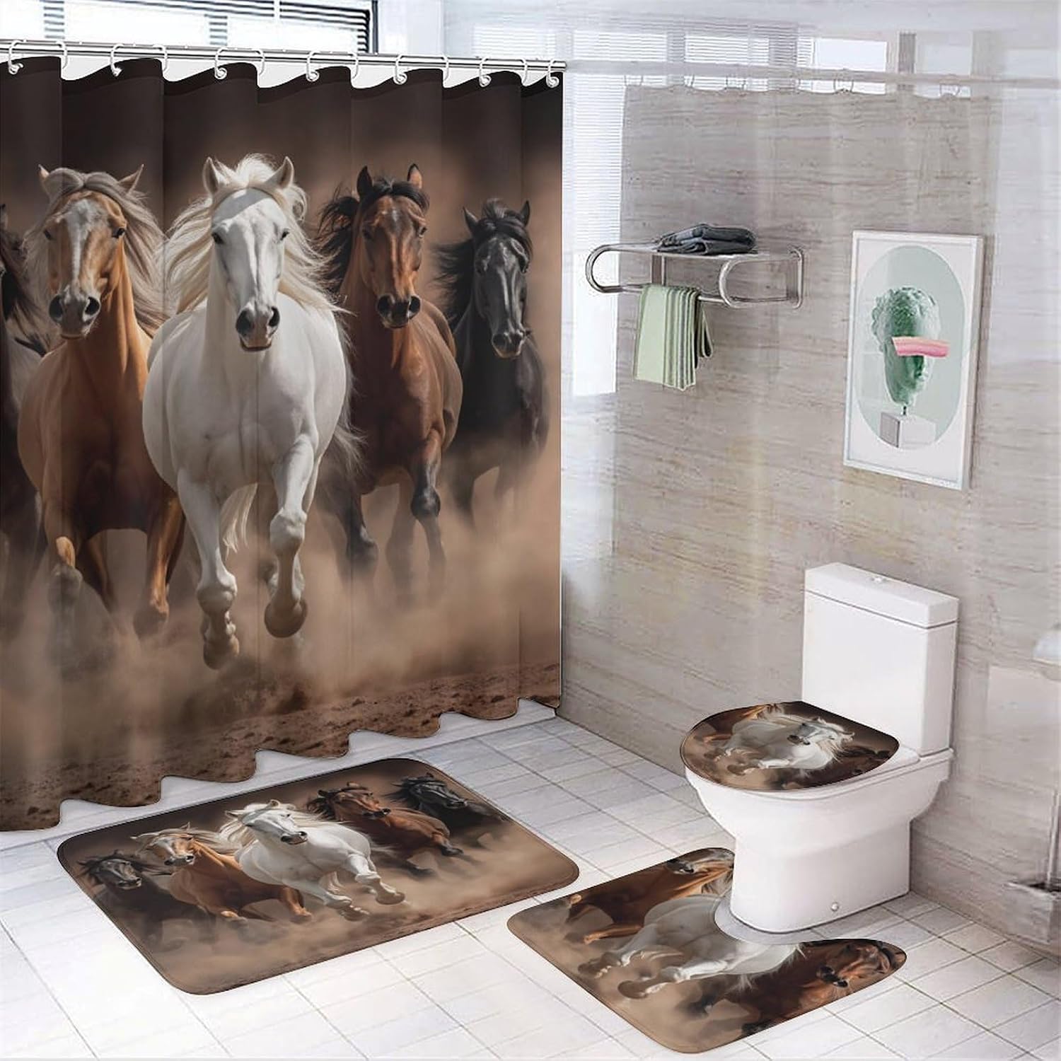 Running Horses Dusty Desert 4 PCS Bathroom Set with Shower Curtain Rugs, Ultra Soft Coral Fleece Bath Mat, U-Shaped Rug, Toilet Lid Cover, 72" X 72"