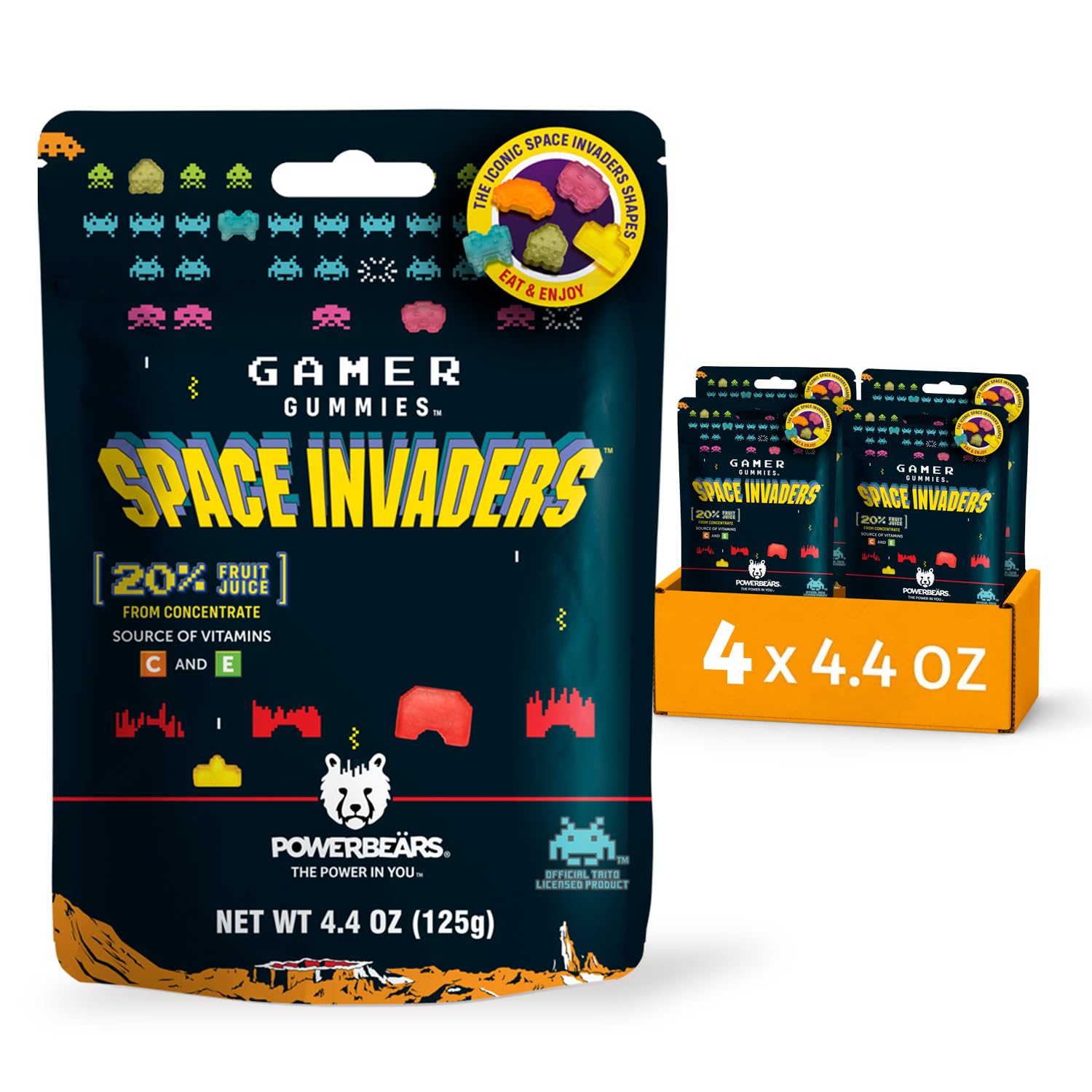 Powerbeärs Space Invaders™ Gamer Gummies - 20% Fruit Juice, Vitamins, 6 Fruity Flavors (Pack of 4x4.4OZ)