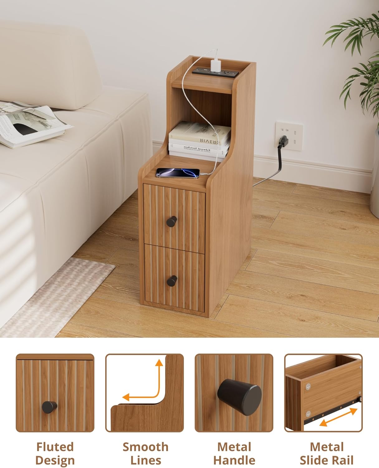 Narrow Side Table with Charging Station, Small Bedside Tables, Mid Century Modern Night Stand with Storage, Wooden Slim End Table for Small Spaces, Bedroom, Living Room