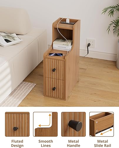 Miniatura 4 de Juego de 2 mesas auxiliares estrechas con estación de carga, mesa auxiliar delgada de madera con almacenamiento, mesita de noche moderna de mediados