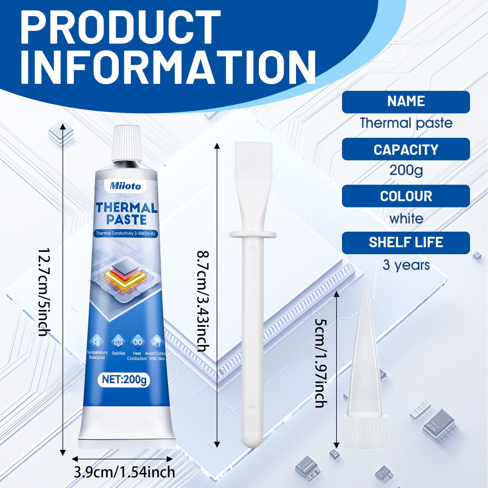 Miioto Thermal Paste, Pasta Termica CPU Alte Prestazioni, Pasta Termica CPU, Pasta Termica Adatto per CPU di Computer, Schede Grafiche, Alimentatori, Conduttività Termica 3-5w/(m·k), 200g-Bianco