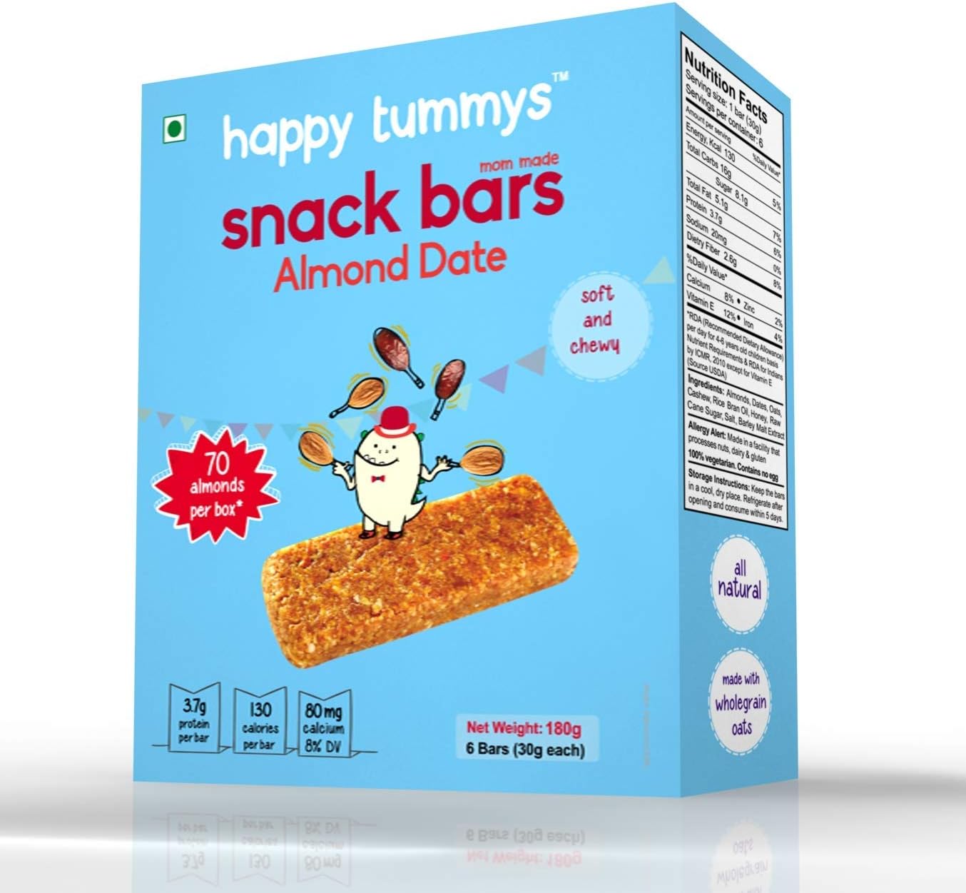 Happy Tummys Almond Date Snack Bars | Natural Energy Boost for Toddlers and Kids | Healthy Snack for Kids | Nutritious and Ready to Eat | (6 Bars) | 180g