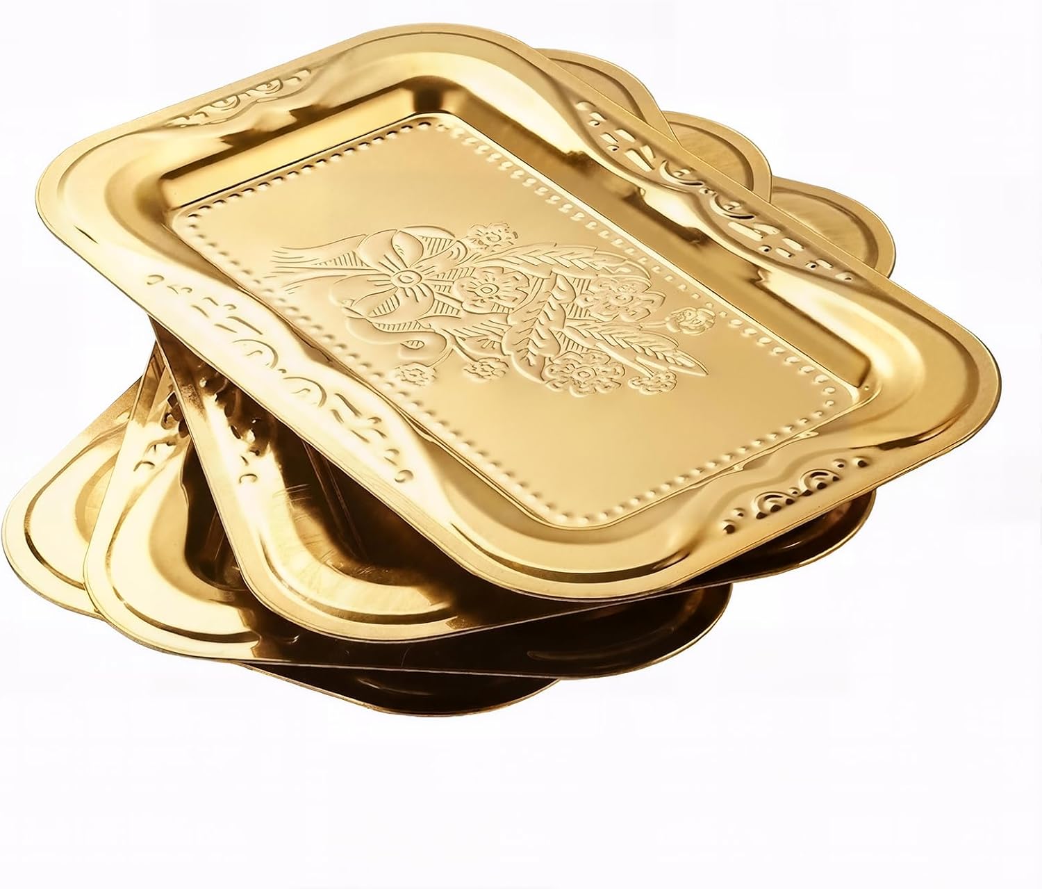 4-Pack Gold Serving Trays Set - ZENOVLUX Lightweight Bow Floral Engraved Mirror Decorative Tray, 13.8" x 8.7" Party Platters for Easter, Food, Appetizer, Charcuterie, Cookies, Desserts