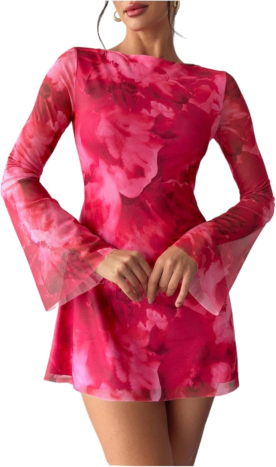 Milumia Women's Floral Bell Long Sleeve Mini Dress Boat Neck Mesh Short Dresses