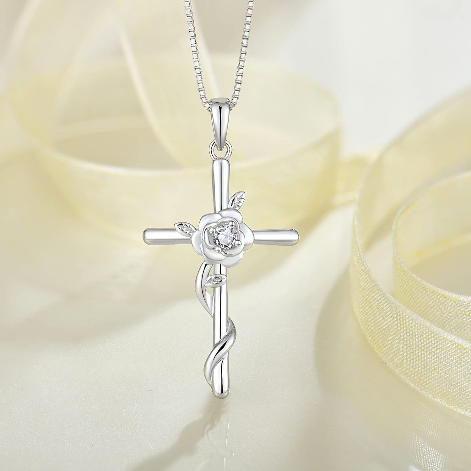 Cross Necklace for Women 925 Sterling Silver Rose Flower Birthstone Pendant Crucifix Faith Religion Necklace Created Gemstone Jewelry Gifts for Women Wife Girlfriend Mother Daughter Her - Image 4