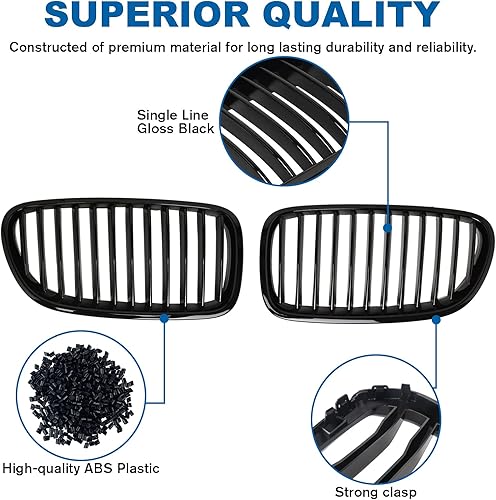 Miniatura 22 de Rejilla frontal F10 para riñón con doble listón, color negro brillante, compatible con BMW Serie 5 2010-2017, F10, F11, F18, Sedan 520i, 528i, 535d