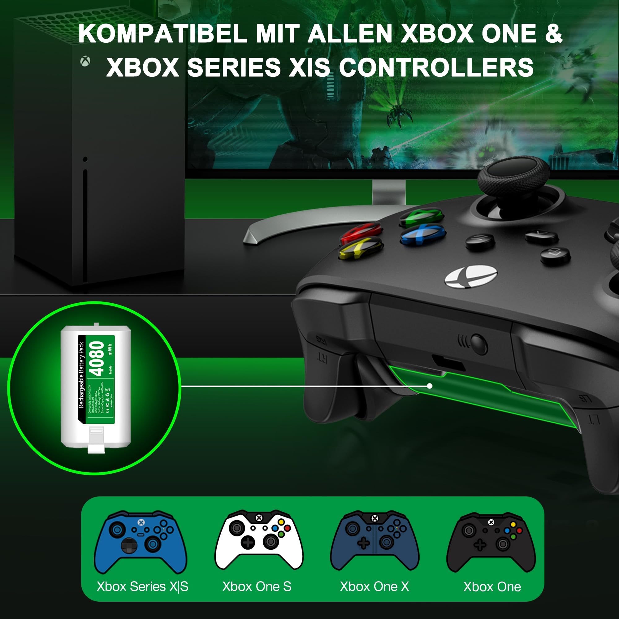 4 X 4080mWh Bateria para Mando Xbox Series X, Bateria para Mando Xbox con luz ambiental/15 Horas de Tiempo de reproducción, Batería para Mando Xbox Compatible con Xbox Series X/S, Xbox One S/X/Elite