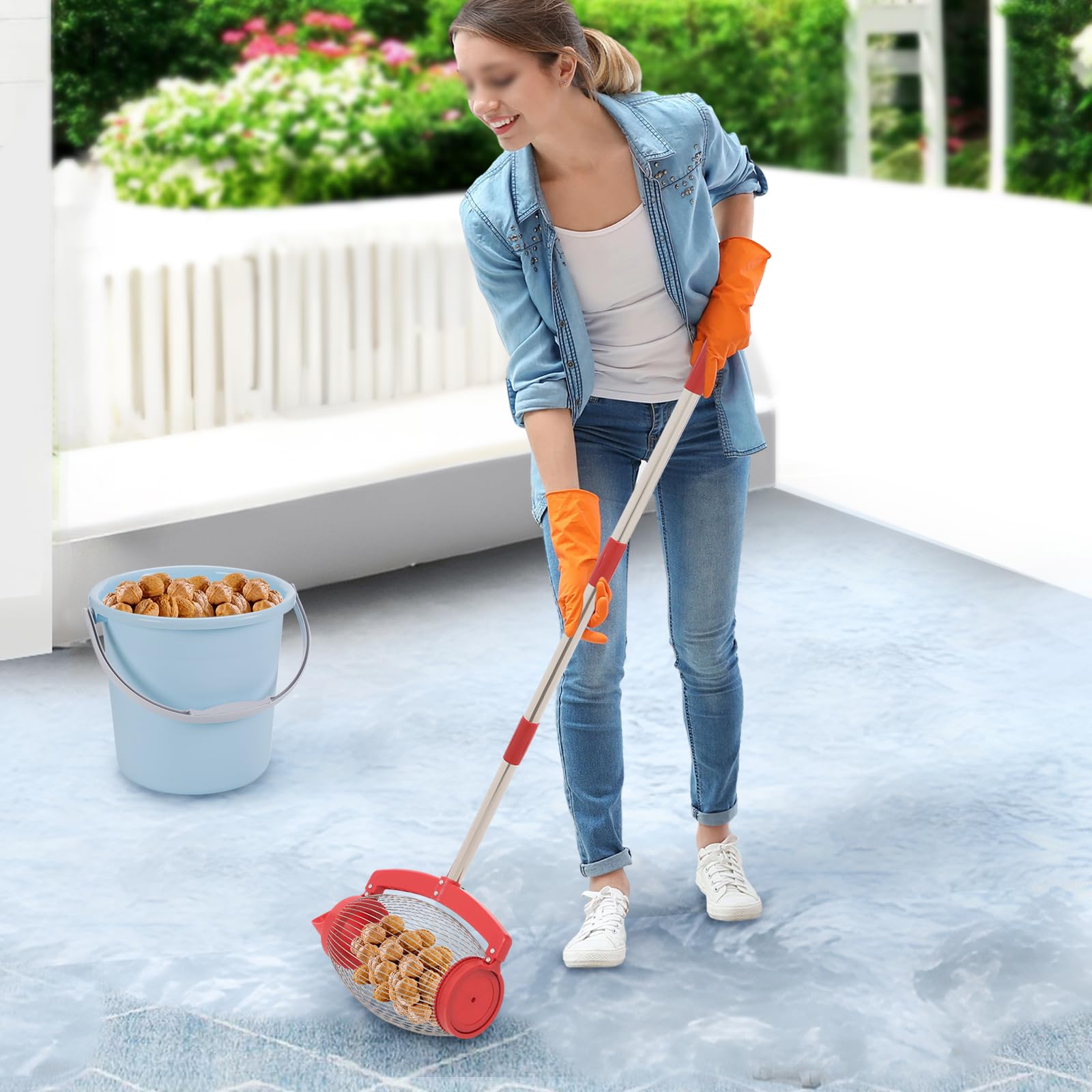 Colector de nueces de nogal con bolsa de almacenamiento, 15 l, recogedor efectivo para frutos secos, recogedor con mango telescópico para exteriores, pelotas de golf, pelotas de tenis