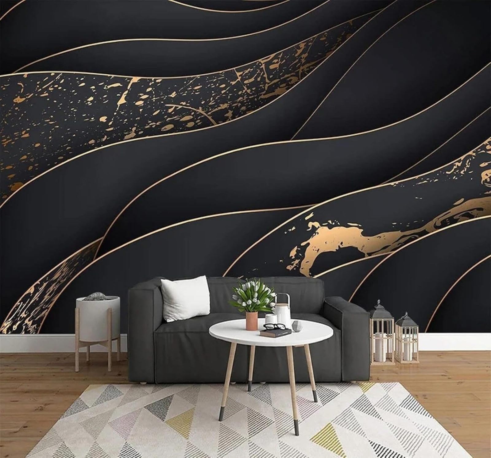 XLMING Relief Gold Black Geometric Lines 3D Wallpaper Luxury Home Dining Decor Paste Sofa Living Room The Wall for Bedroom Mural-350cm×256cm