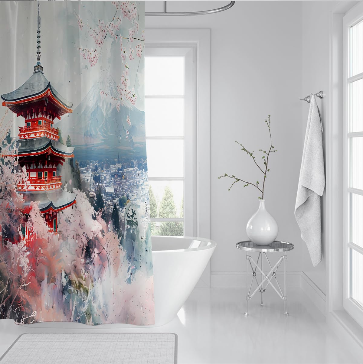 Rideau de Douche Art Paysage Sakura Japonais Traditionnel, Fleur Rose Aquarelle Éclosion Printemps, Décor de Salle de Bain Tissu Élégant avec Crochets, Lavable 180 x 200 cm