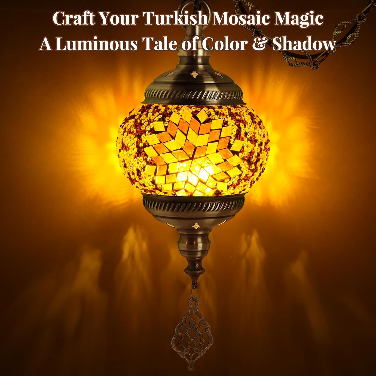 DIY Turkish Mosaic Lamp Kit, 5.2"D Plug-in Stained Glass Pendant Hanging Lamp Making Kit with 15ft Cord-No Skills Needed,Mosaic Art &Craft Project Kits for Adults&Teens, Make Your Own Lamp,Amber