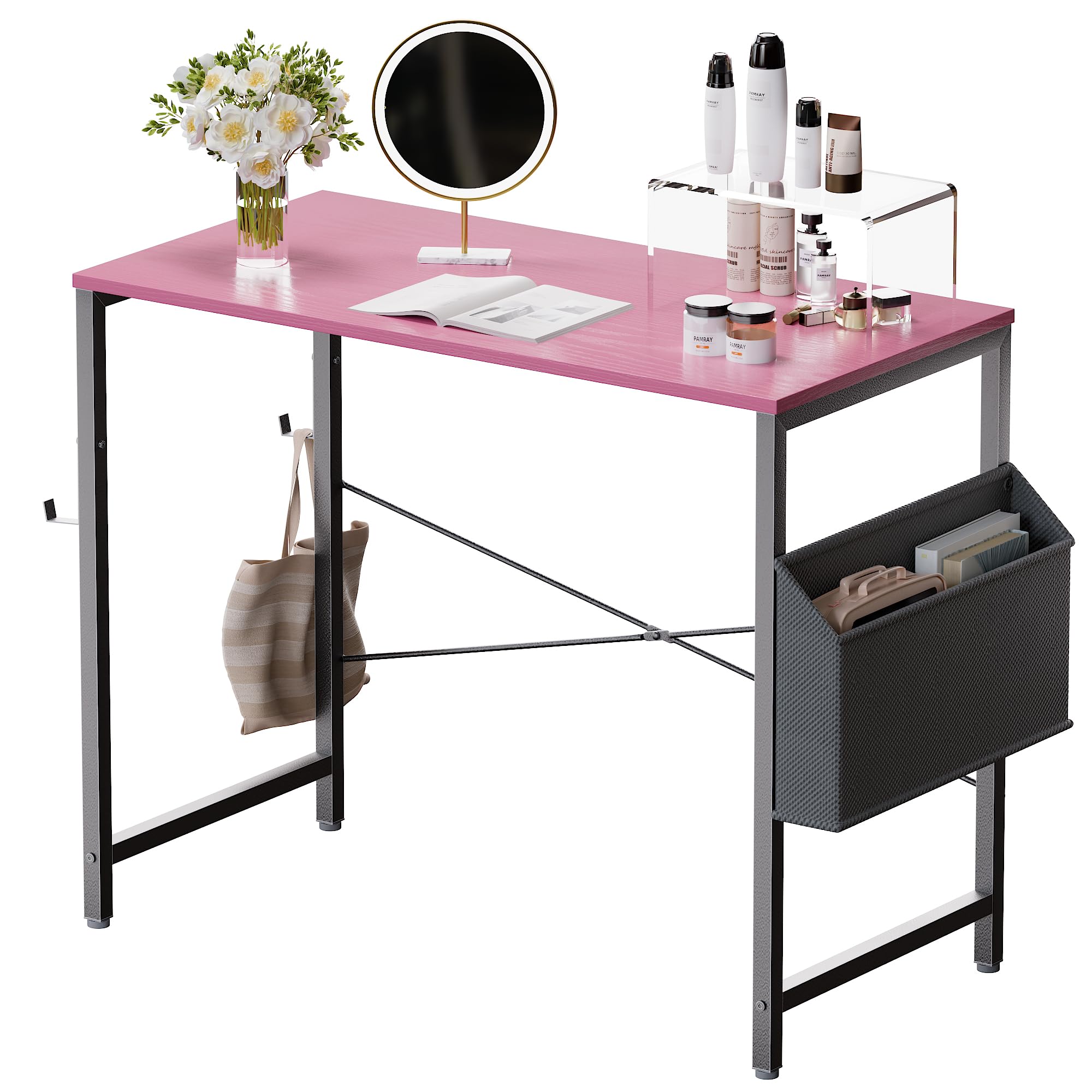 Pamray 32 Inch Small Spaces Computer Desk with Storage Bag Study Table Desk for Bedroom Writing and Work Small Home Office Desk Pink