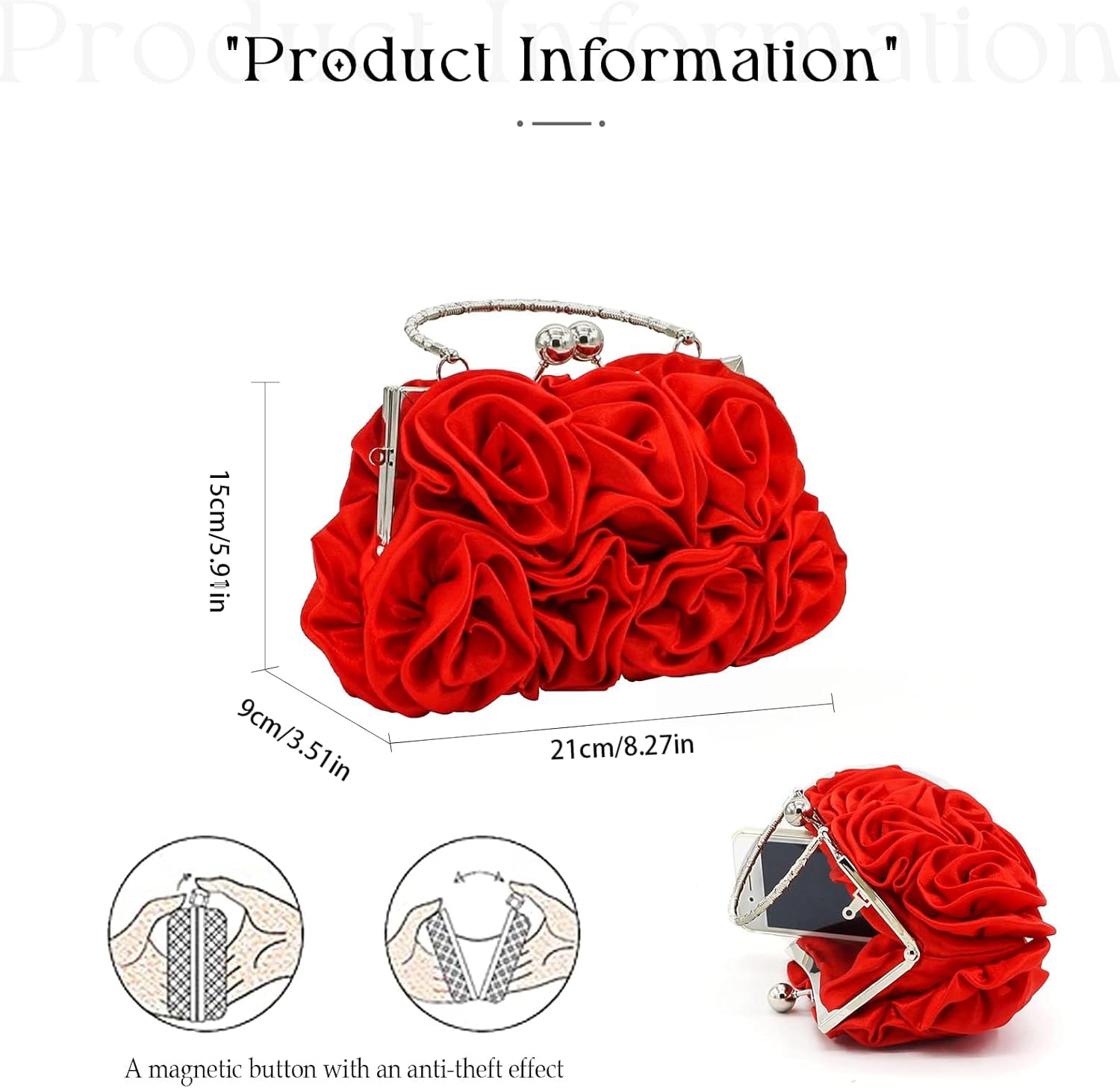 Women Evening Clutch Bag Floral Satin Small Purses with Detachable Strap for Wedding, Party, Prom - Image 4