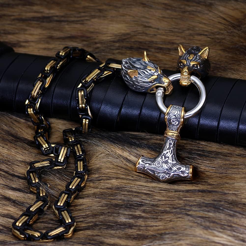 Men's Wolf Head Mjolnir Necklace, Stainless Steel Thor's Hammer Amulet Pendant Jewelry with Large Stainless Steel Handmade Byzantine Wolf King Chain Gold Silver Black,Silver,70cm
