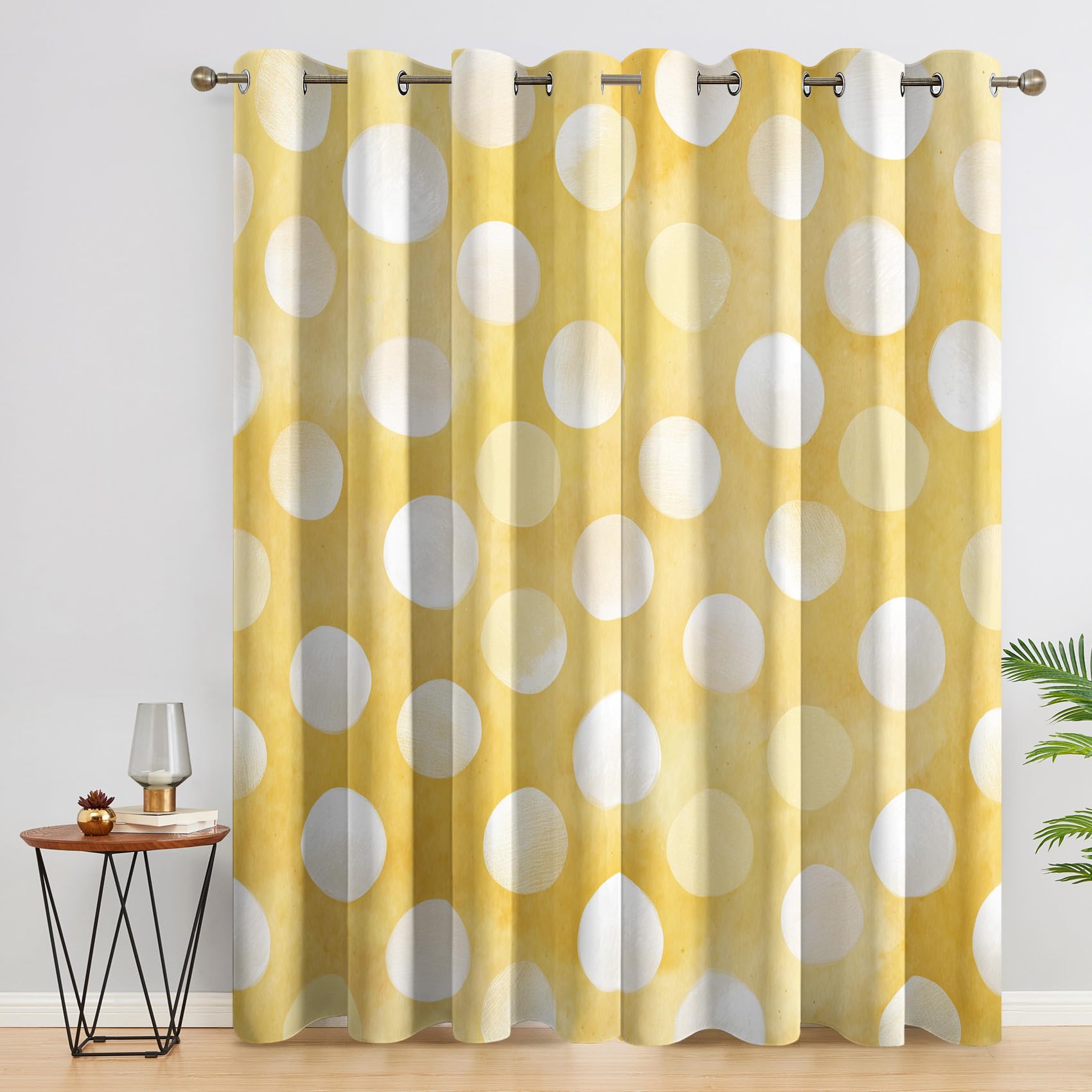 Polka Dot Curtains Blackout for Home Decor, Thermal Curtains Yellow Pattern, Living Room & Bedroom Eyelet Drapes 90 Inch Drop, 90x90, 2 Panels E&1345