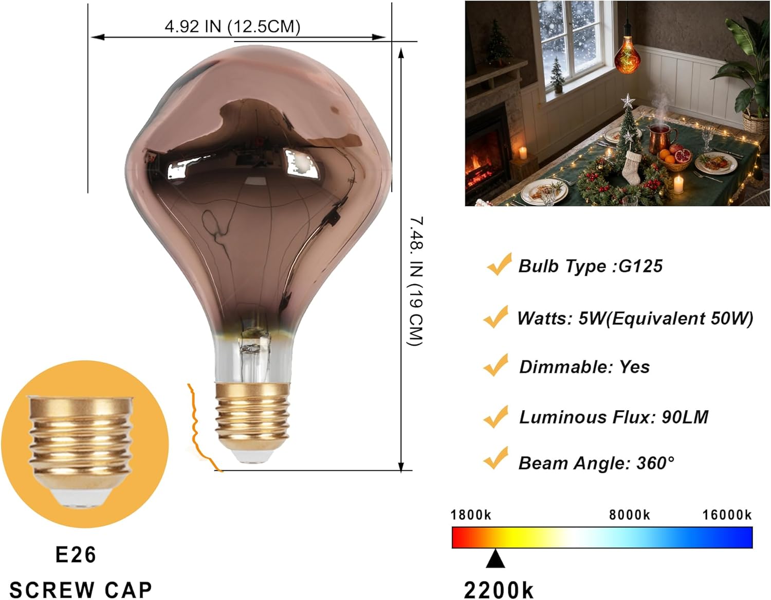 G125 Oversize Large LED Decorative Light Bulb,Lava Pattern Copper Glass,Dimmable Art Bulb,5W 2200K Soft Warm White E26 Filament Edison Bulb