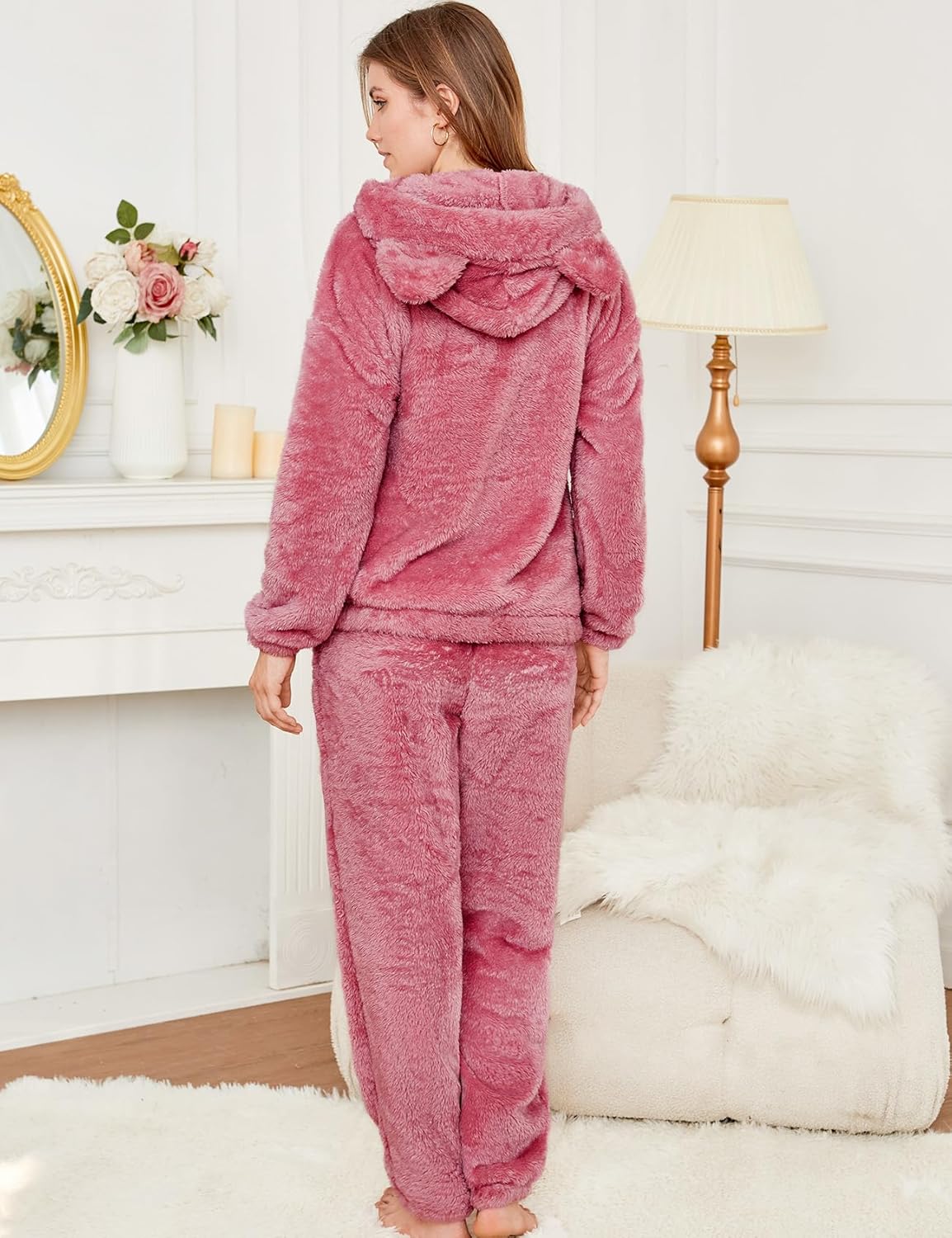 COZYPOIN Women's Fuzzy Pajamas Sets Hooded Bear Ear Fluffy Fleece Loungewear Sleep Pullover Top Pants 2 Piece Outfits Pockets - Image 3